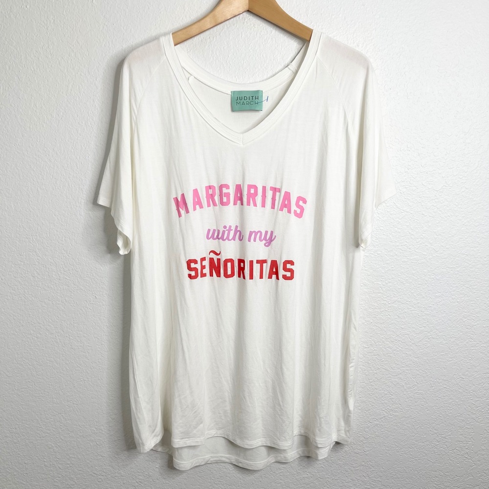 Judith March Womens White Margaritas Senoritas V Neck T Shirt Size‎ Large